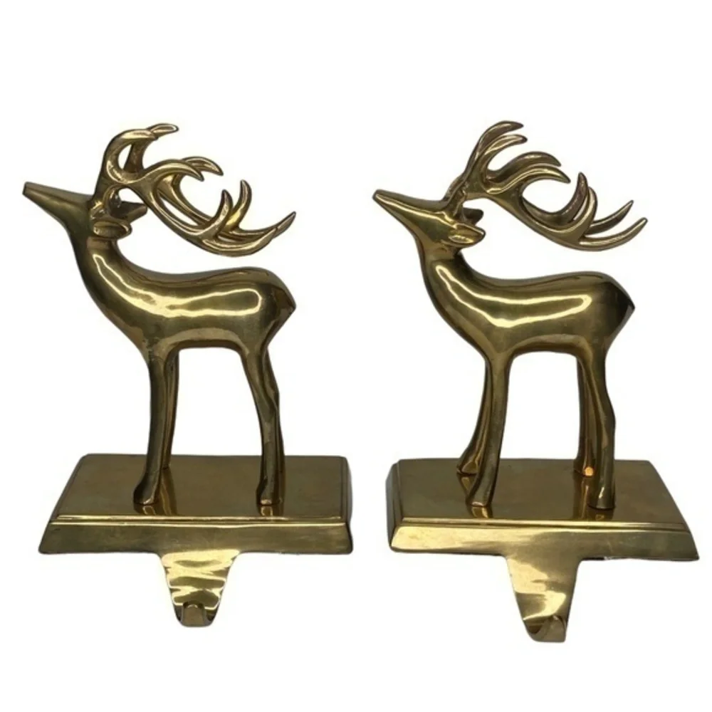 Pair of Brass Mantel‎ Holder Hangers Reindeer Christmas Holiday Stocking